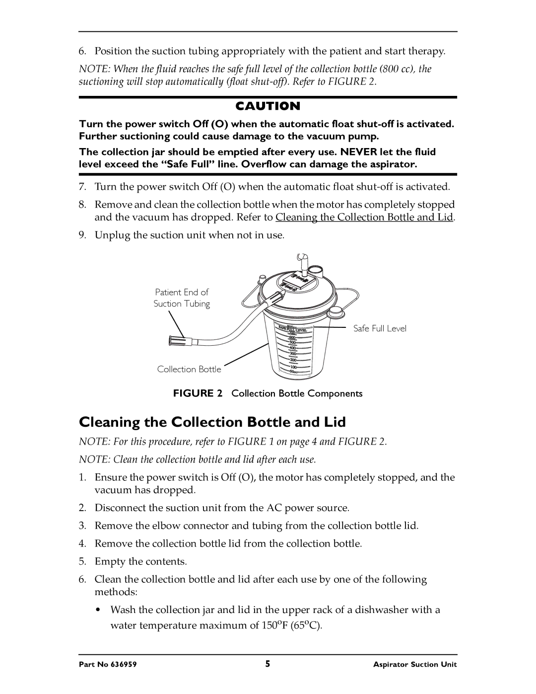 Invacare 636959 instruction sheet Cleaning the Collection Bottle and Lid, Collection Bottle Components 