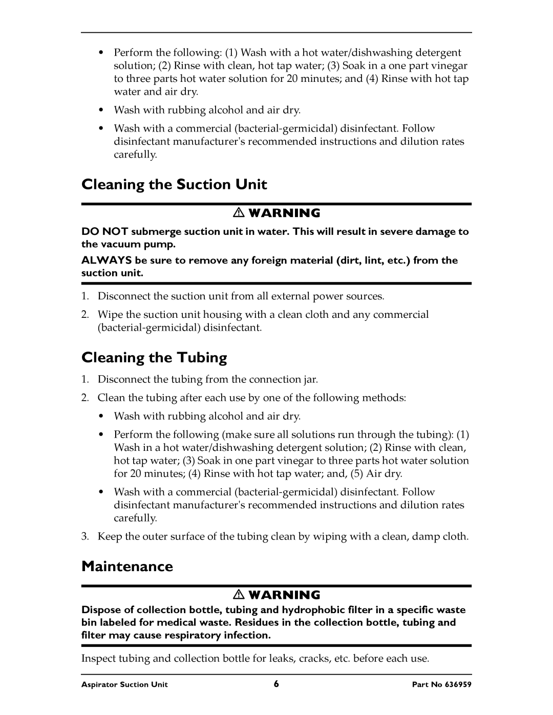 Invacare 636959 instruction sheet Cleaning the Suction Unit, Cleaning the Tubing, Maintenance 