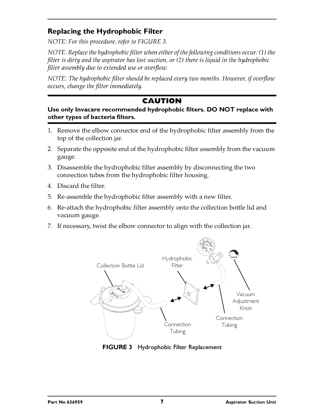 Invacare 636959 instruction sheet Replacing the Hydrophobic Filter, Hydrophobic Filter Replacement 