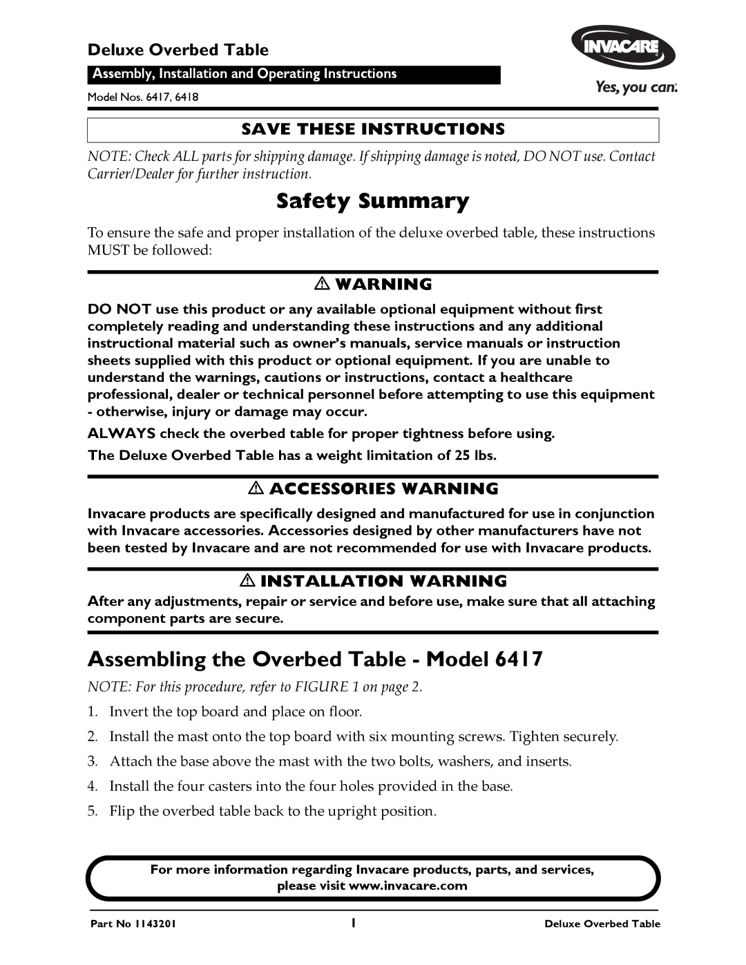 Invacare 6418, 6417 owner manual Safety Summary, Assembling the Overbed Table Model 