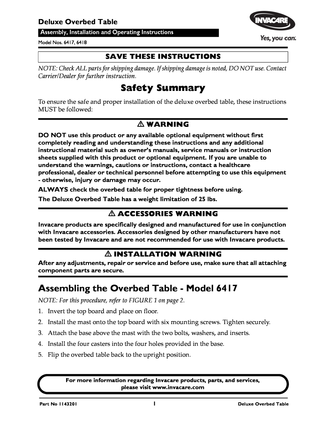 Invacare 6418 owner manual Safety Summary, Assembling the Overbed Table - Model, Deluxe Overbed Table, Accessories Warning 