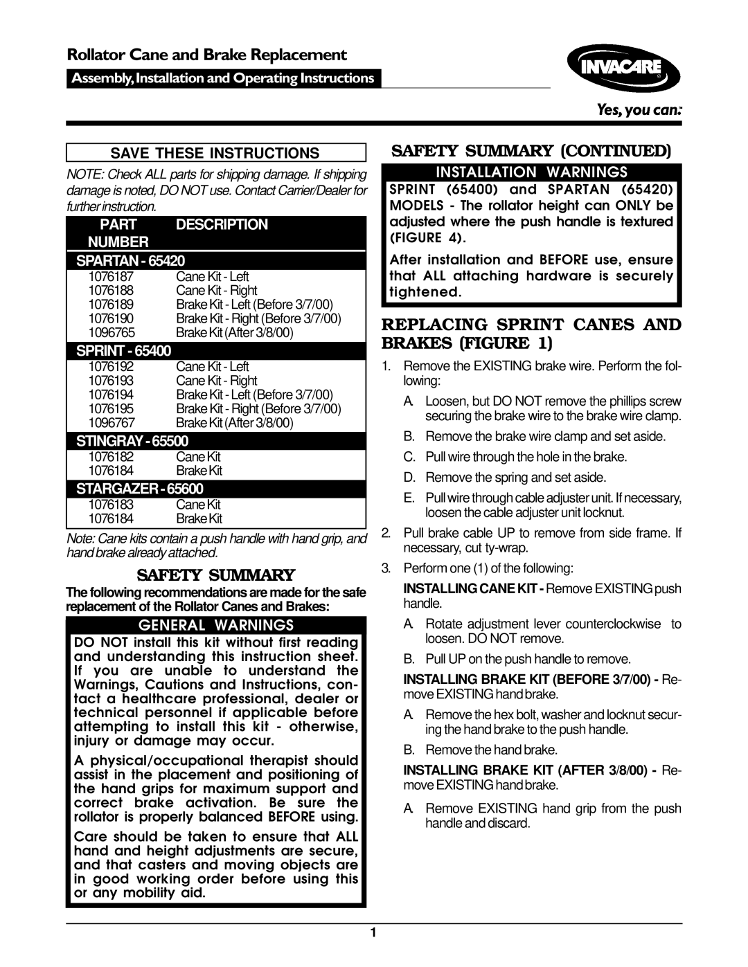 Invacare 65600, 65500, 65400, 65420 operating instructions Safety Summary, Replacing Sprint Canes and Brakes Figure 