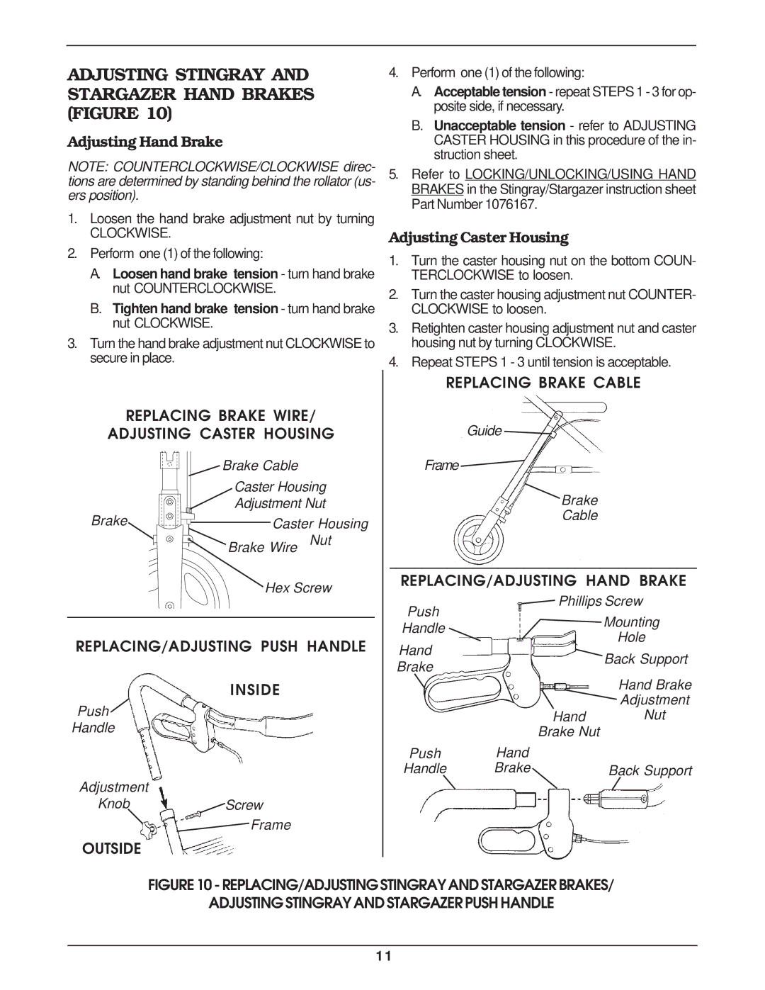 Invacare 65420, 65500 Adjusting Stingray and Stargazer Hand Brakes Figure, Adjusting Hand Brake, Adjusting Caster Housing 