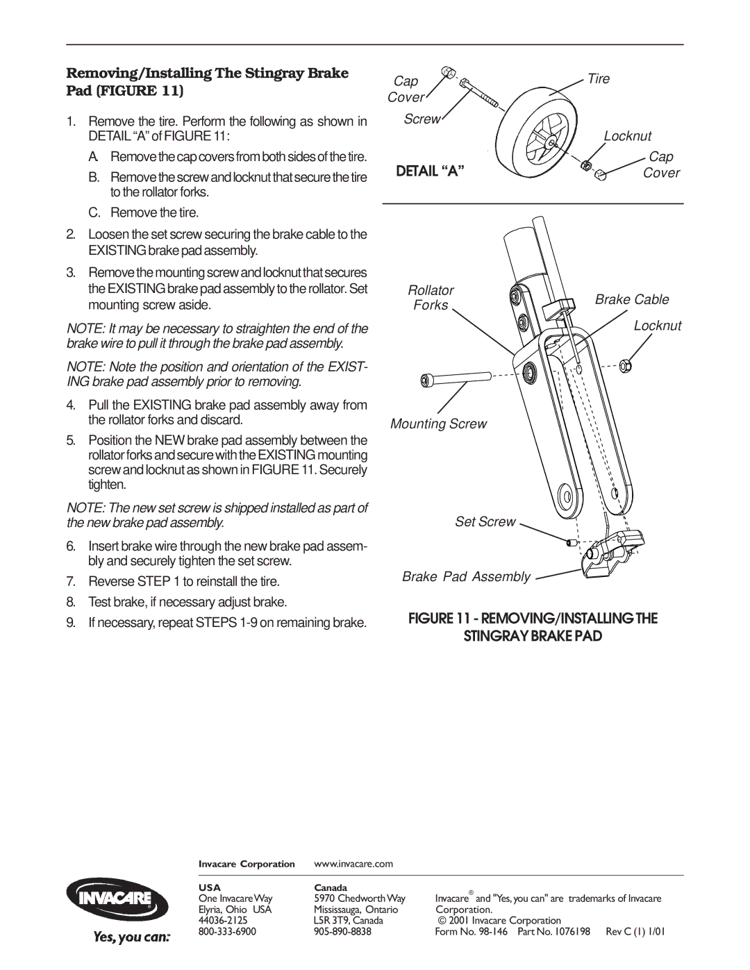 Invacare 65500, 65600, 65400 Removing/Installing The Stingray Brake Pad Figure, Bly and securely tighten the set screw 