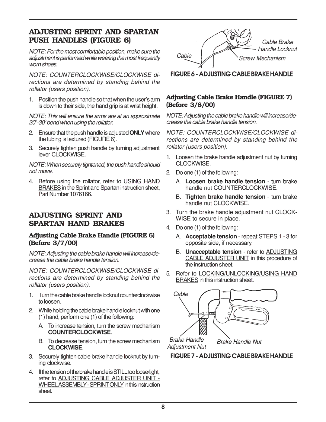 Invacare 65500, 65600, 65400, 65420 Adjusting Sprint Spartan Hand Brakes, Adjusting Cable Brake Handle Before 3/7/00 