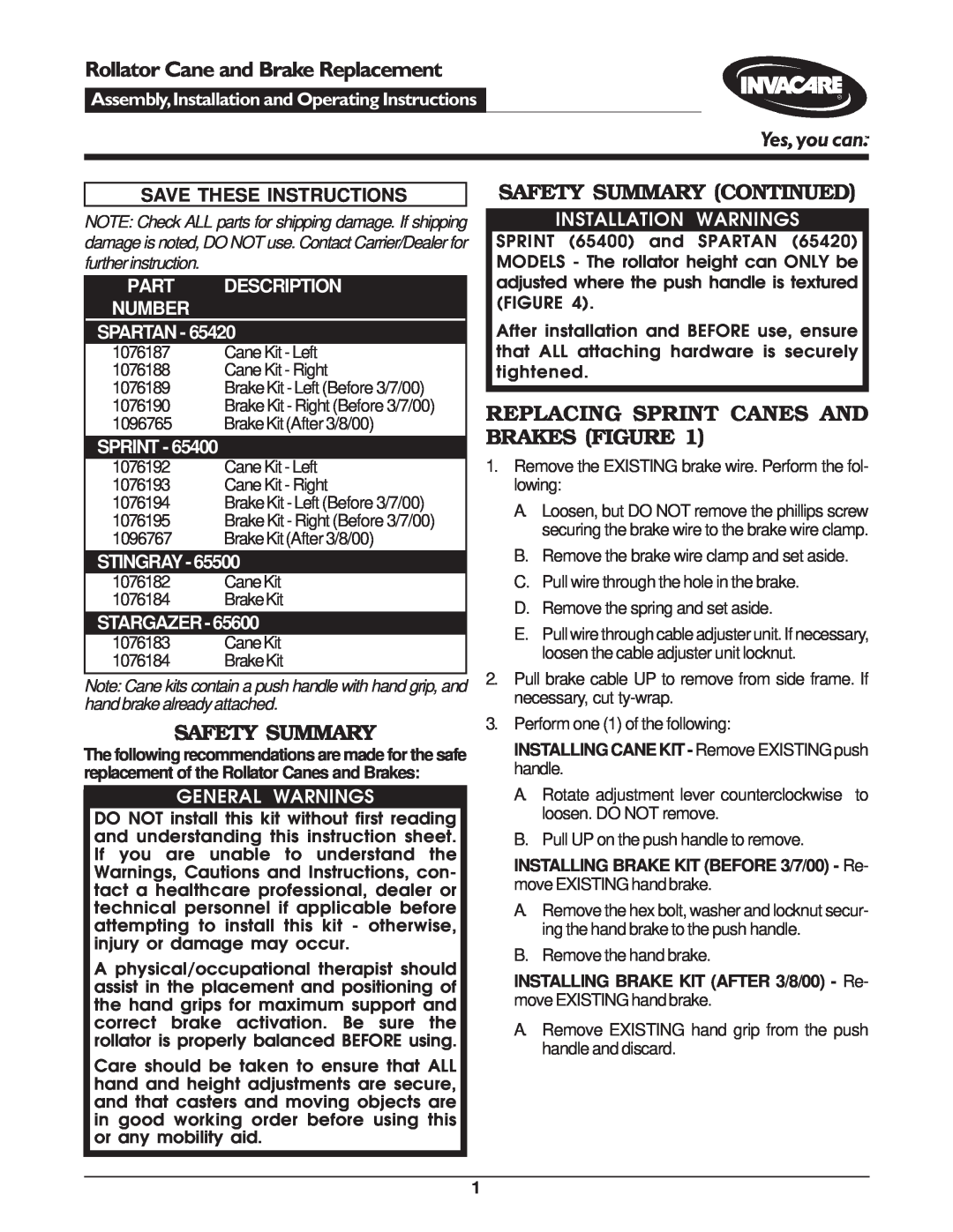 Invacare 65600 operating instructions Safety Summary Continued, Replacing Sprint Canes And Brakes Figure, Stingray 