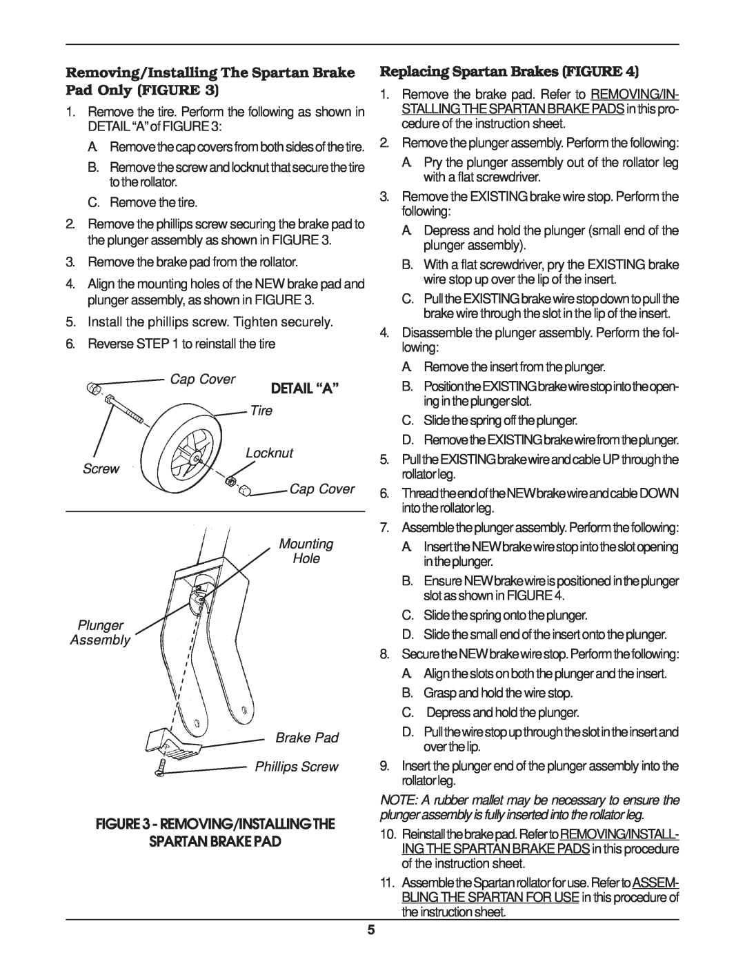 Invacare 65600 Removing/Installing The Spartan Brake Pad Only FIGURE, Detail “A”, Removing/Installingthe Spartan Brake Pad 