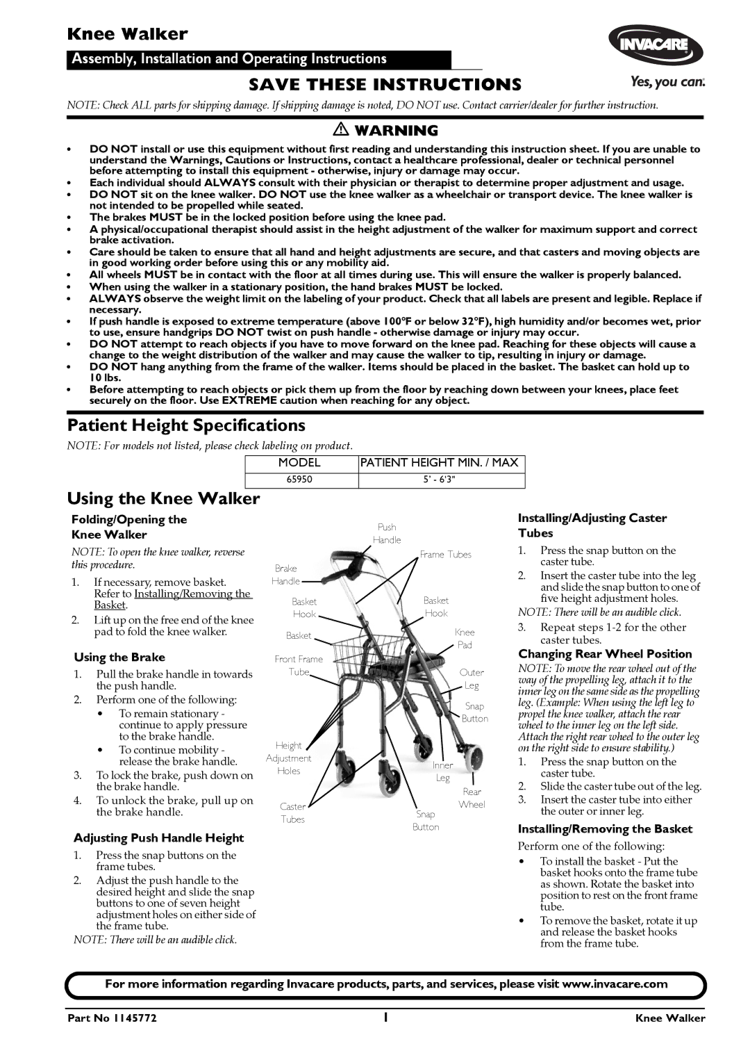 Invacare 65950 specifications Patient Height Specifications, Using the Knee Walker 