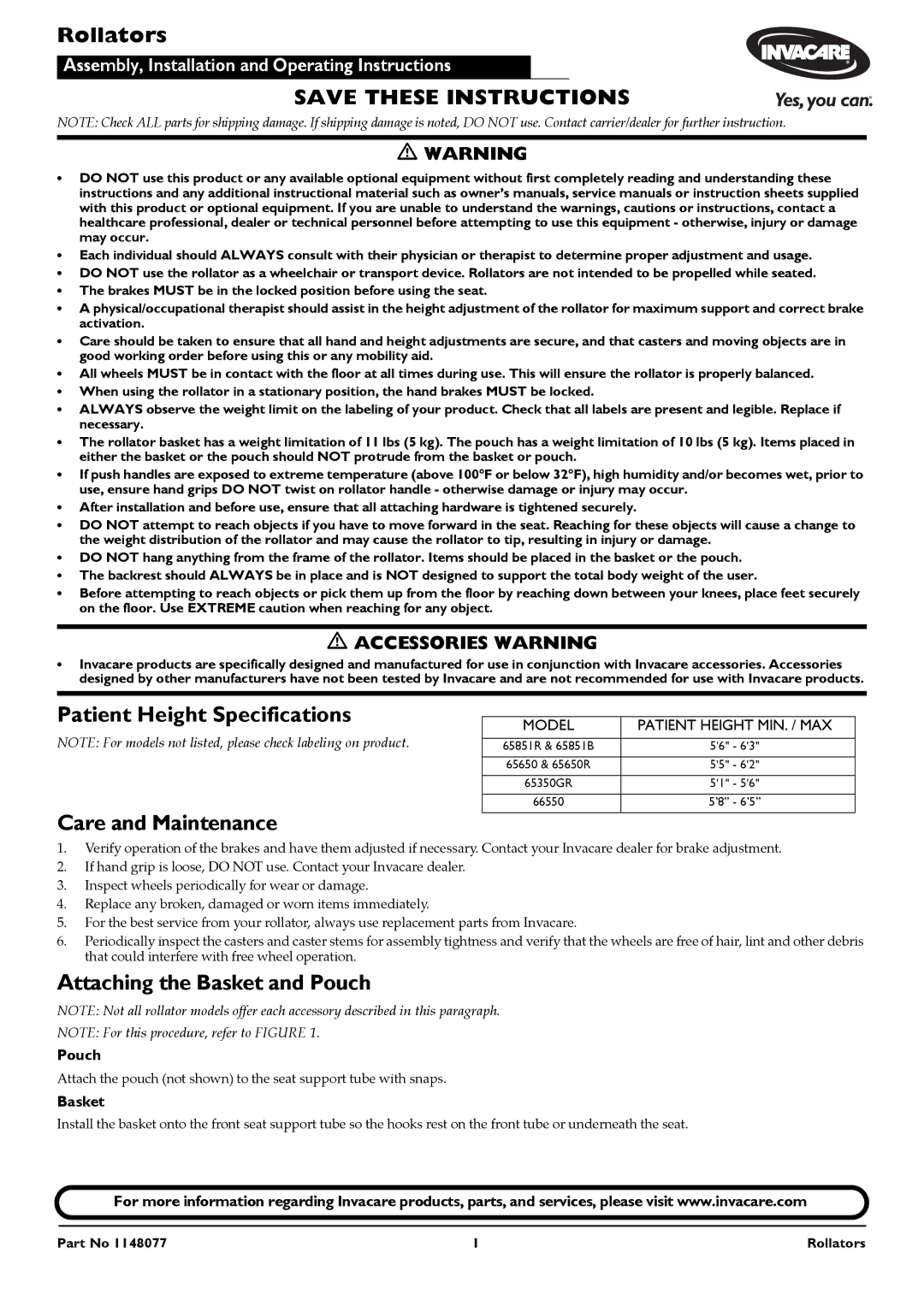 Invacare 65851B, 66550, 65650R specifications Rollators, Patient Height Specifications Care and Maintenance, Pouch, Basket 