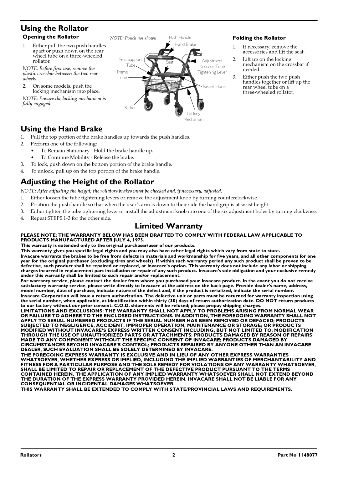 Invacare 65650R, 66550 Using the Rollator, Using the Hand Brake, Adjusting the Height of the Rollator, Limited Warranty 
