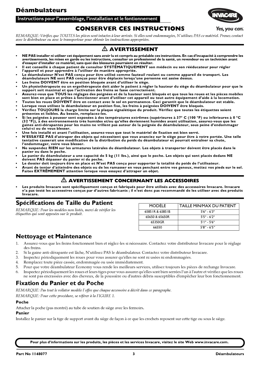 Invacare 65350GR, 66550, 65851B, 65650R, 65851R Déambulateurs, Spécifications de Taille du Patient, Nettoyage et Maintenance 