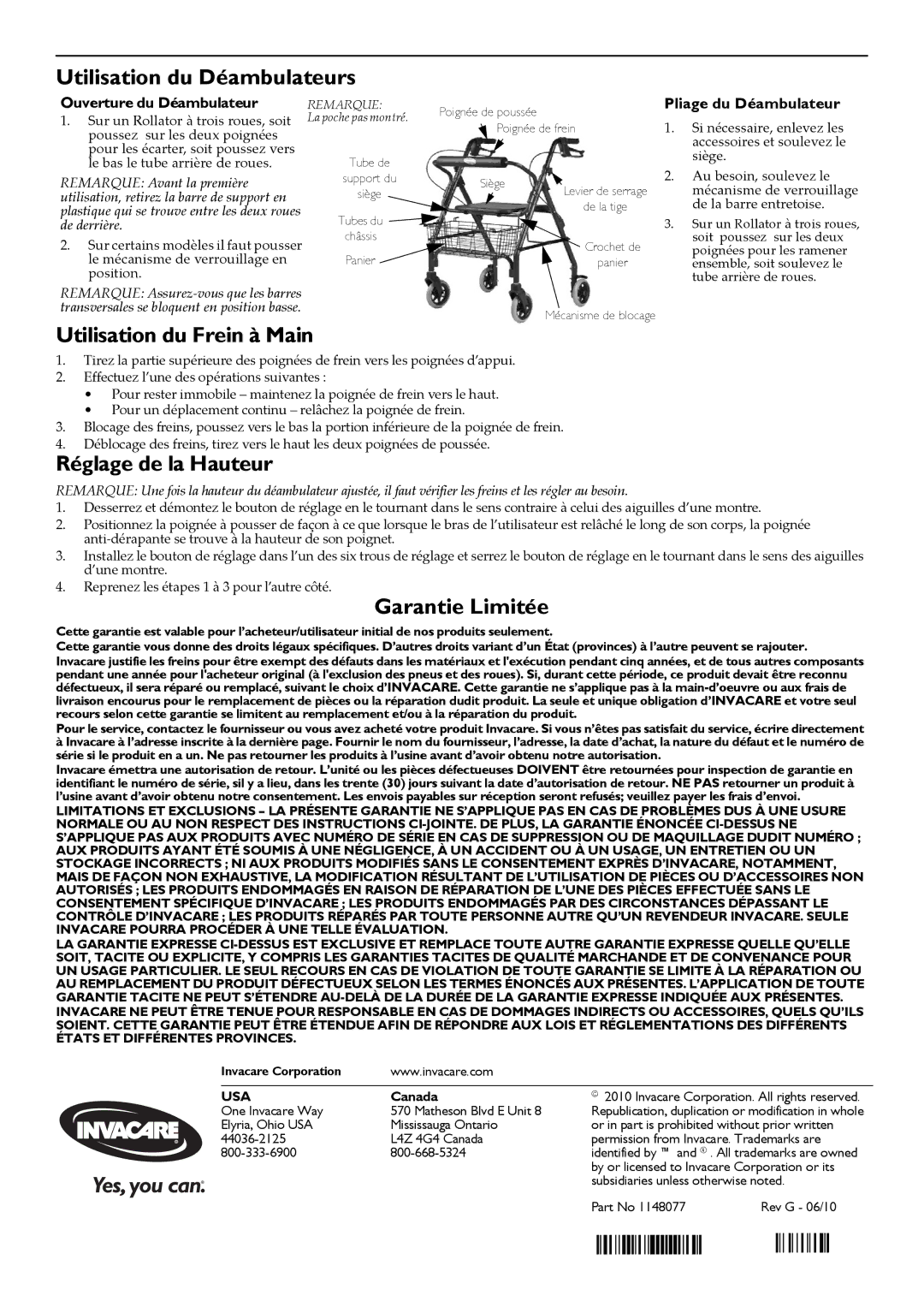 Invacare 65650, 66550 Utilisation du Déambulateurs, Utilisation du Frein à Main, Réglage de la Hauteur, Garantie Limitée 