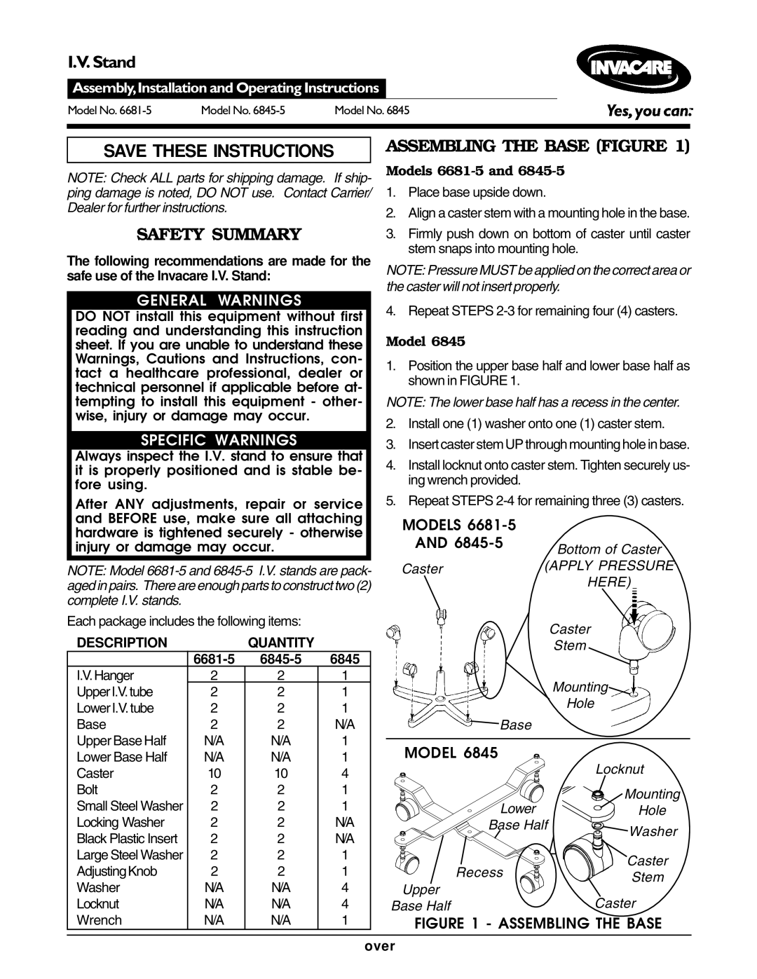 Invacare 6845-5 operating instructions Safety Summary, Assembling the Base Figure, General Warnings, Specific Warnings 