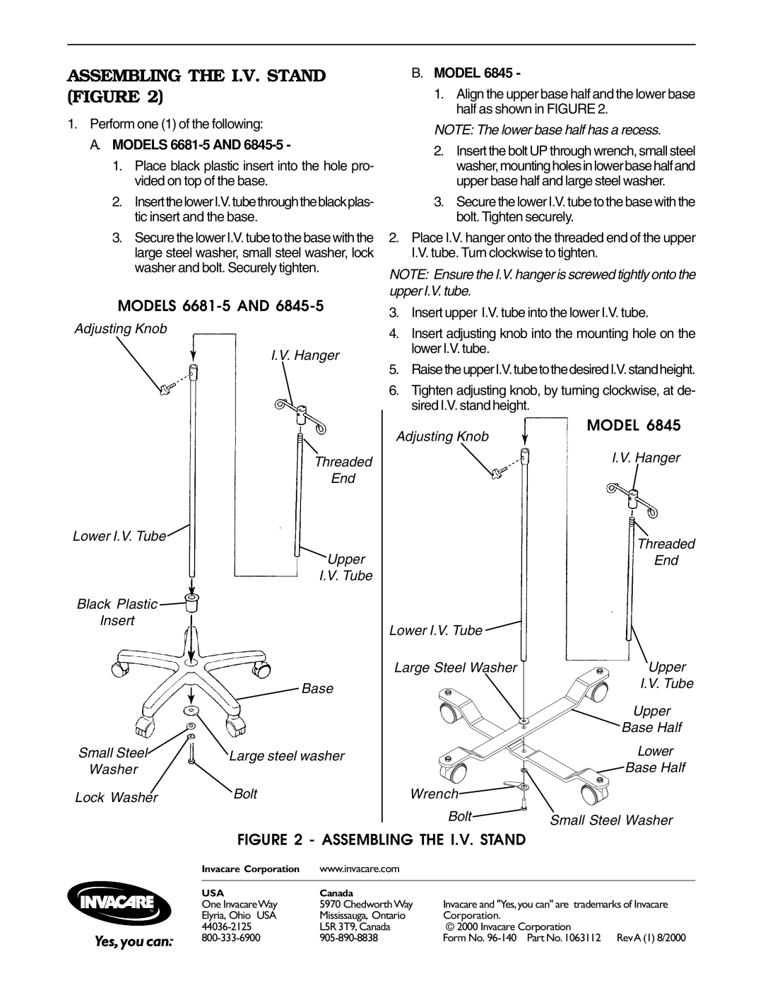 Invacare 6845-5 operating instructions Assembling the I.V. Stand Figure, Models 6681-5 