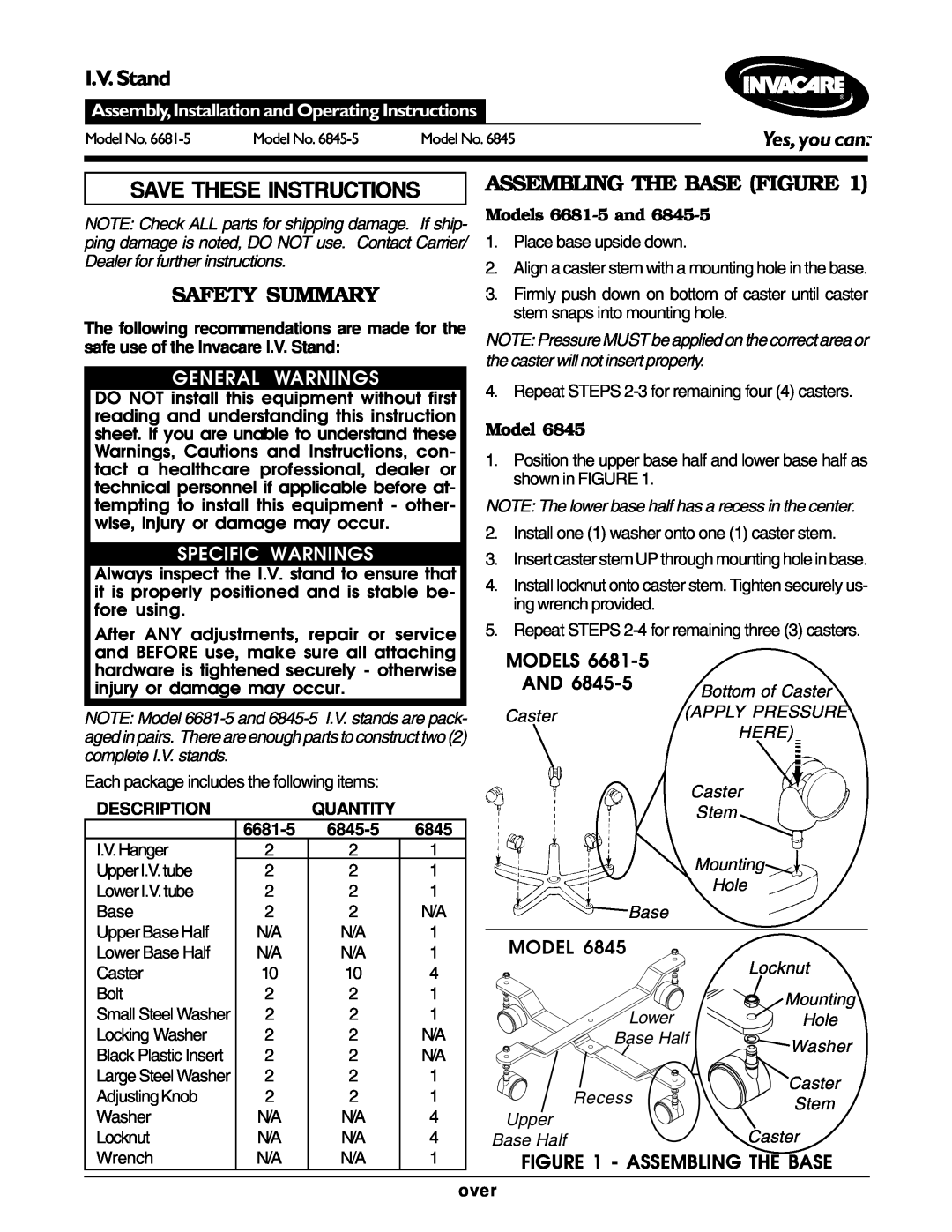 Invacare 6845-5 operating instructions Safety Summary, Assembling The Base Figure, Description, 6681-5, over, I.V. Stand 