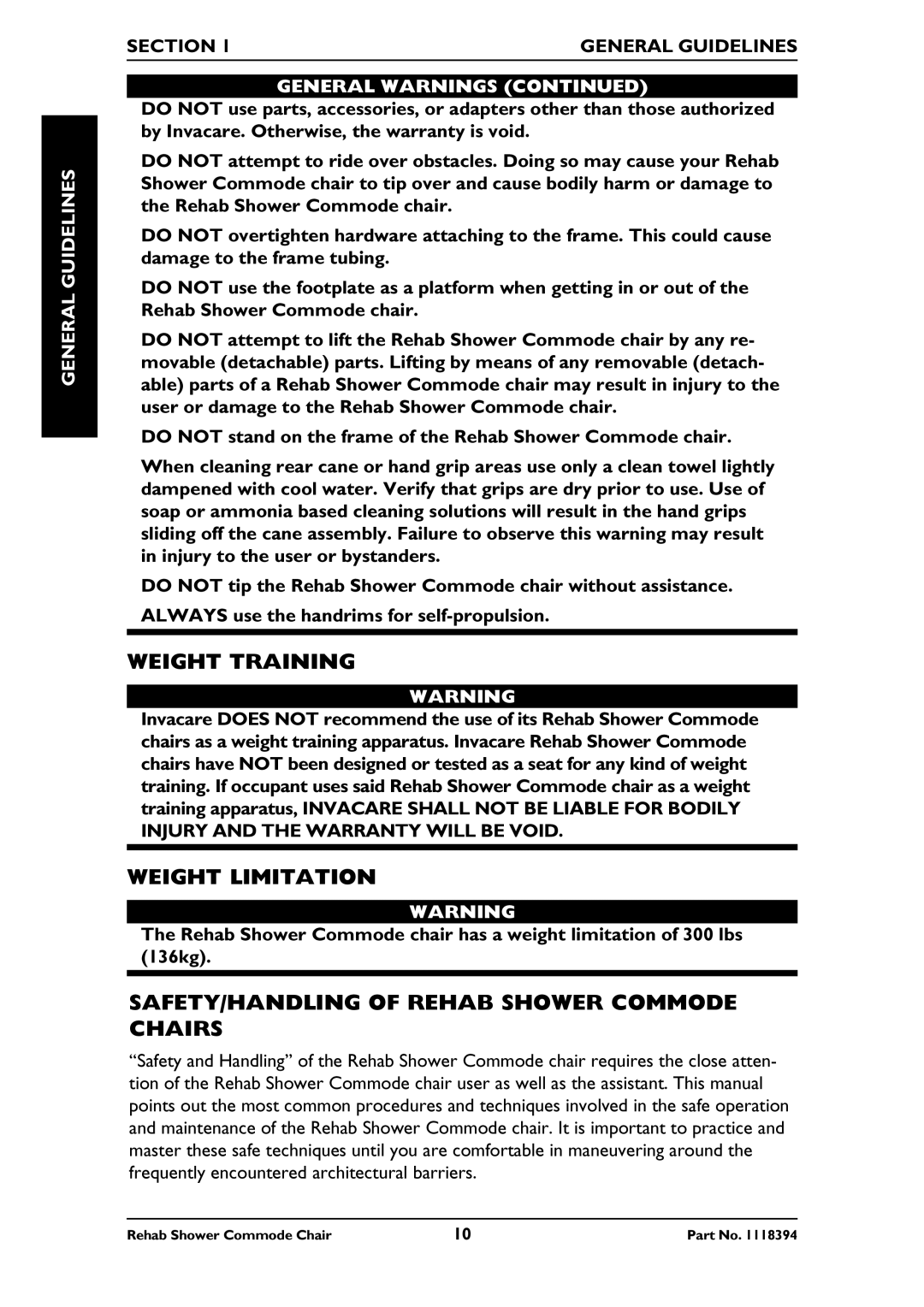 Invacare 6895, 6795, 6891 manual Weight Training, Weight Limitation, SAFETY/HANDLING of Rehab Shower Commode Chairs 