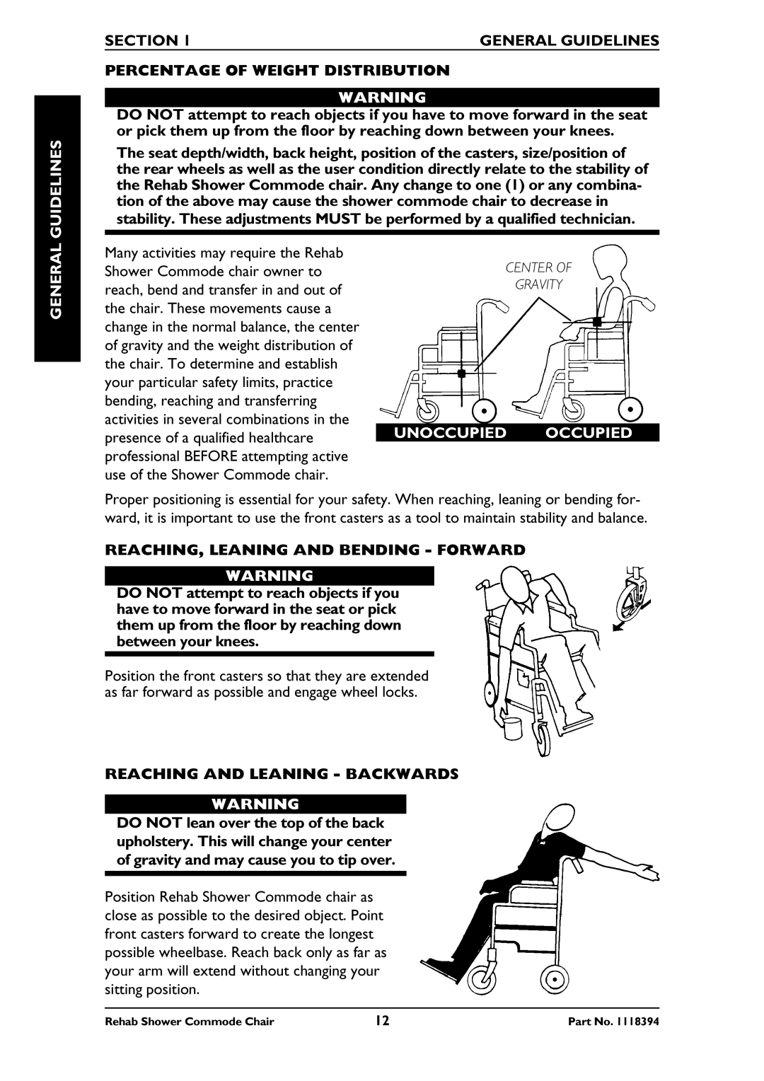 Invacare 6795, 6895, 6891 manual Guidelines, General, Unoccupied Occupied, REACHING, Leaning and Bending Forward Warning 