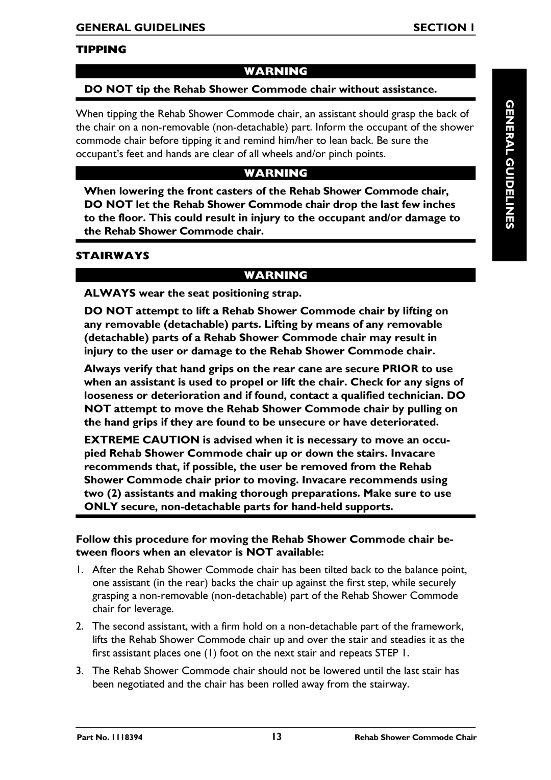 Invacare 6895, 6795, 6891 manual General Guidelines Section Tipping, Stairways 