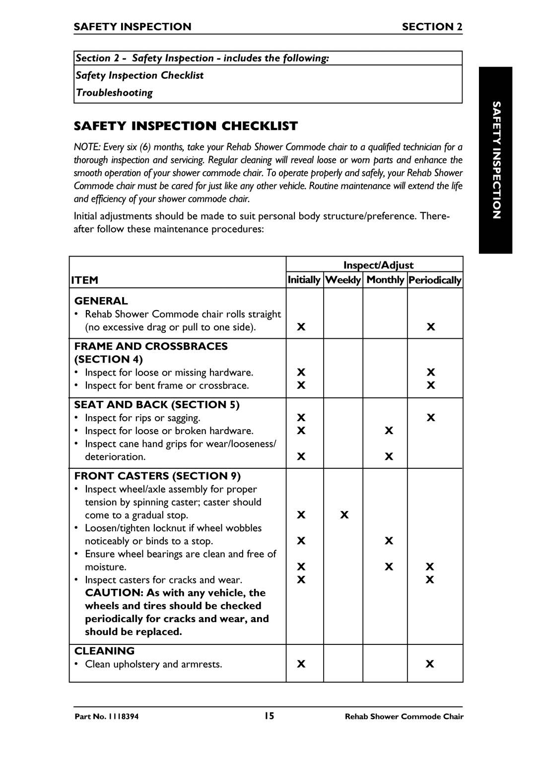 Invacare 6795, 6895, 6891 manual Safety Inspection Checklist 