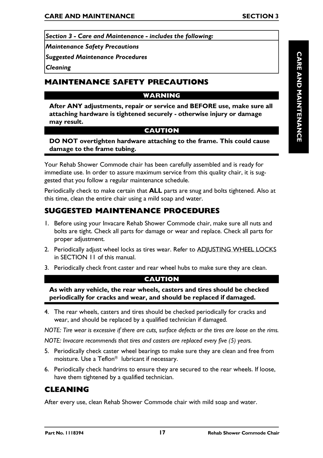 Invacare 6891 Maintenance Safety Precautions, Suggested Maintenance Procedures, Cleaning, Care and Maintenance Section 