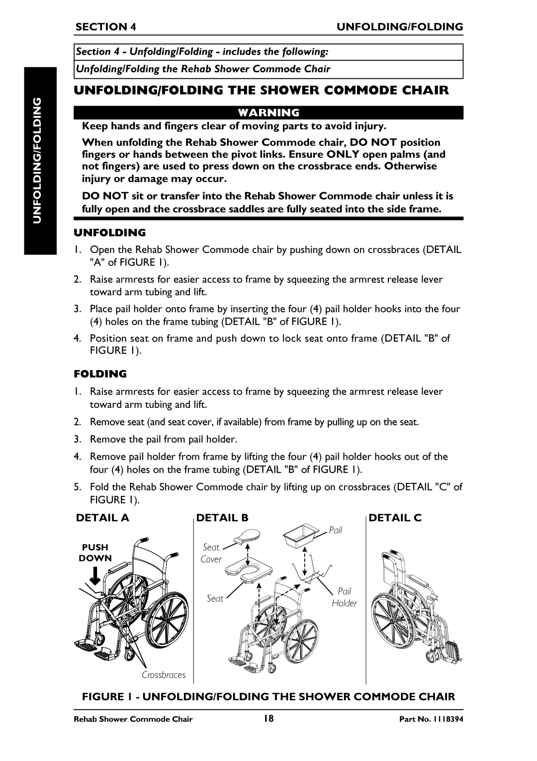 Invacare 6795, 6895, 6891 manual UNFOLDING/FOLDING the Shower Commode Chair, Unfolding/Folding 