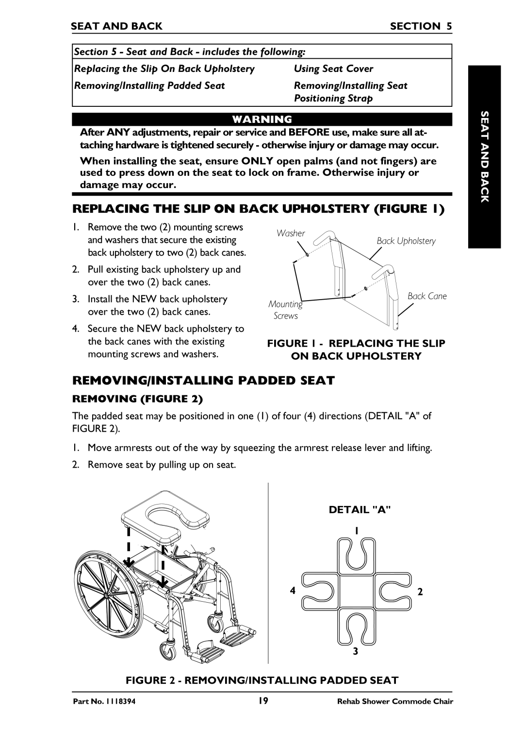 Invacare 6895, 6795, 6891 manual Replacing the Slip on Back Upholstery Figure, REMOVING/INSTALLING Padded Seat, Seat and Back 