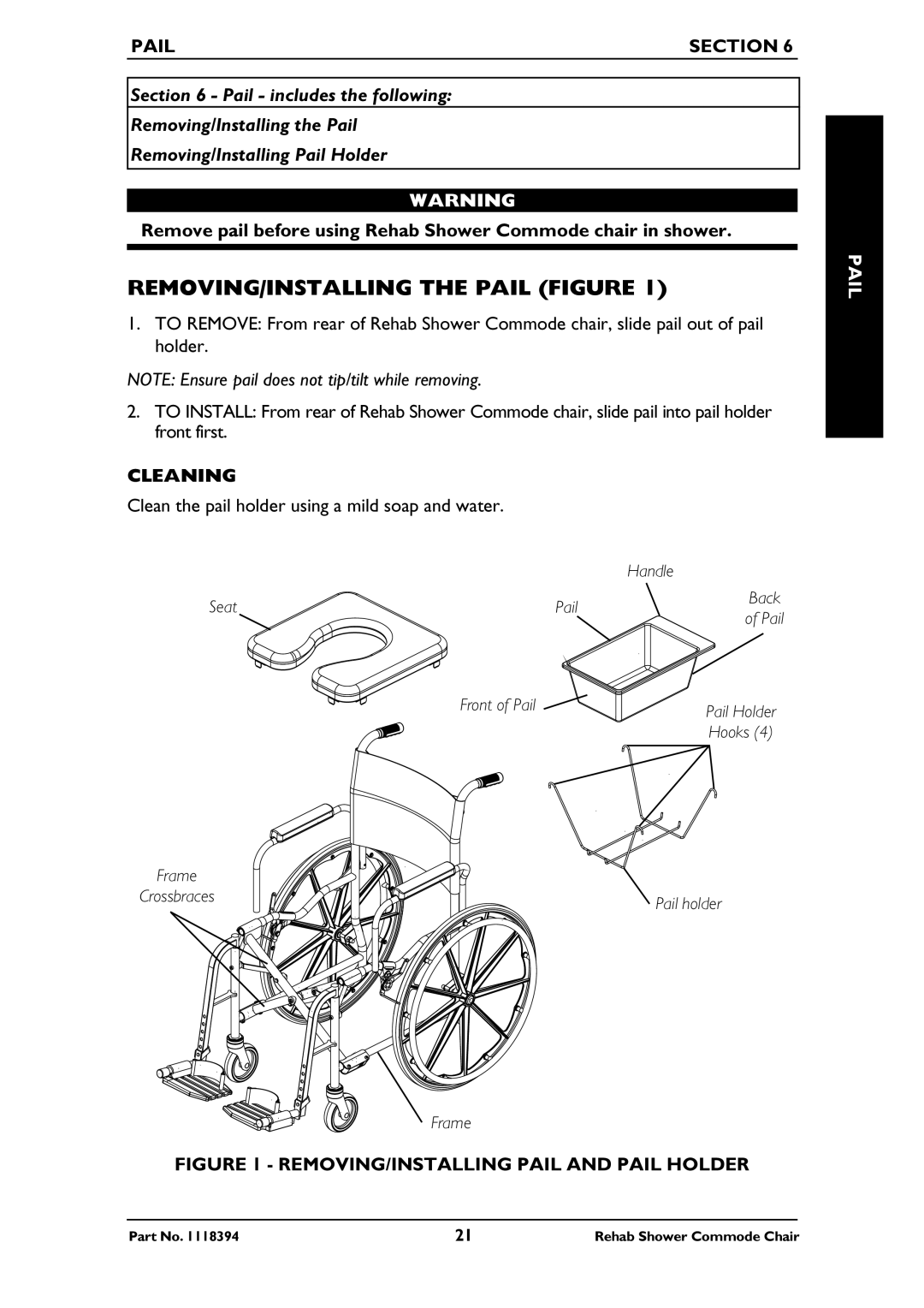 Invacare 6795, 6895, 6891 manual REMOVING/INSTALLING the Pail Figure, Pail Section 