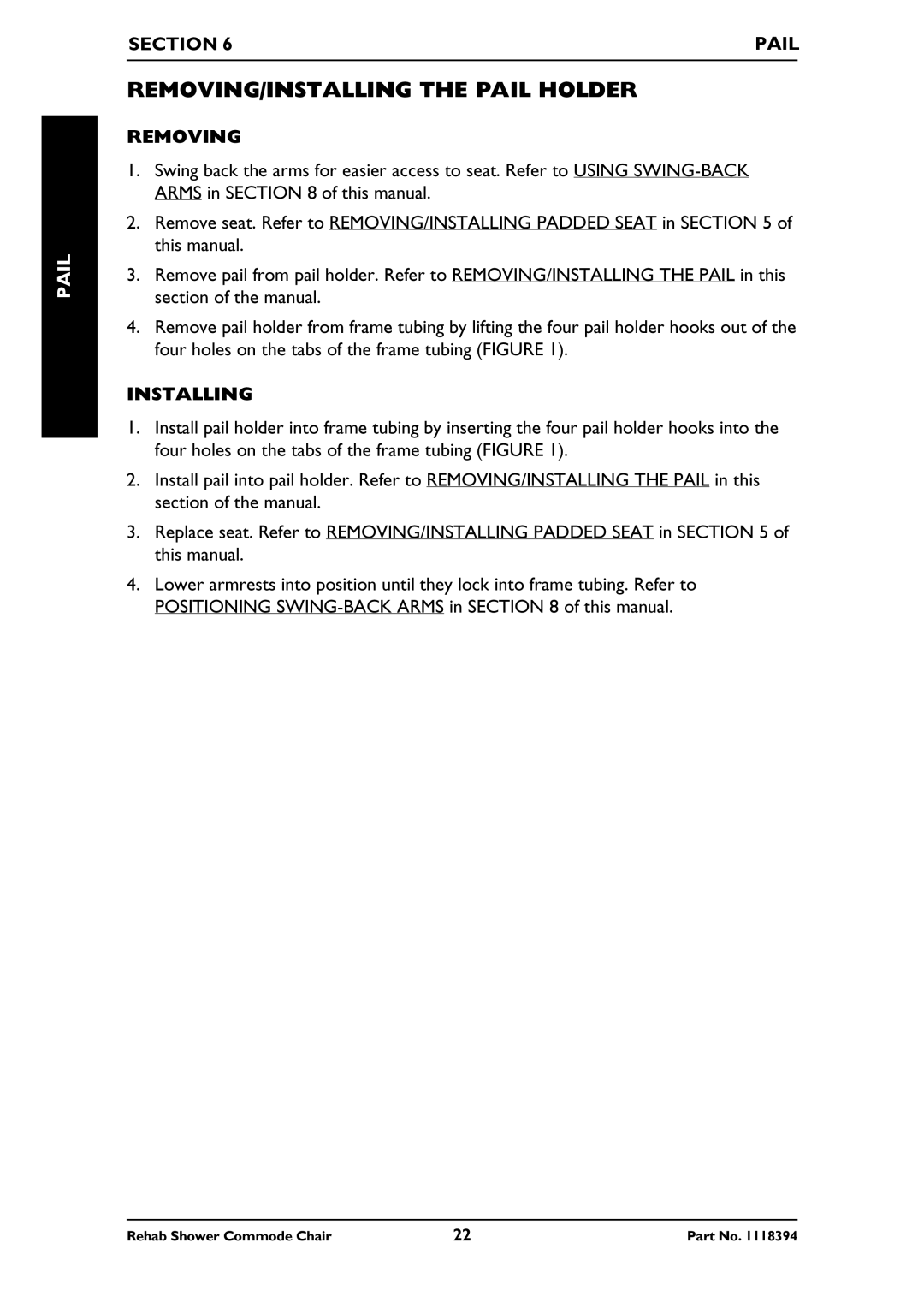 Invacare 6895, 6795, 6891 manual REMOVING/INSTALLING the Pail Holder, Section Pail 