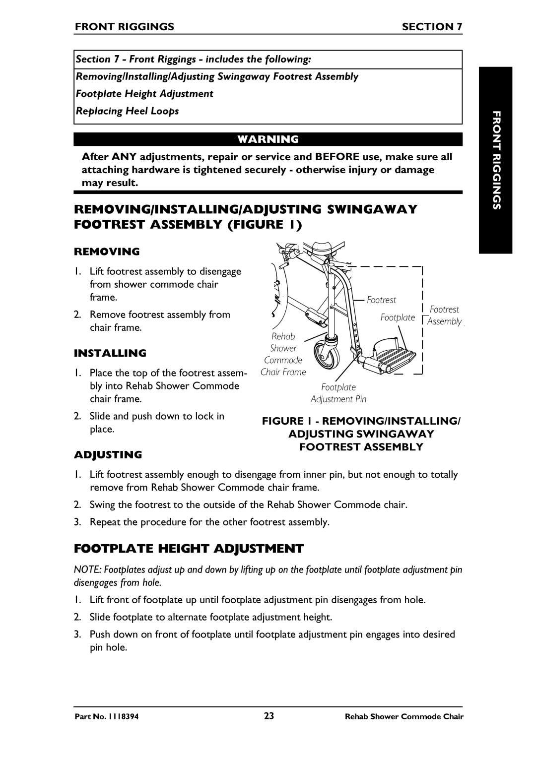 Invacare 6891, 6795, 6895 manual Footplate Height Adjustment, Front Riggings Section, Adjusting 