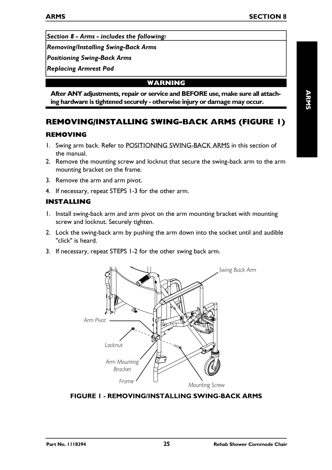 Invacare 6895, 6795, 6891 manual REMOVING/INSTALLING SWING-BACK Arms Figure, Arms Section 