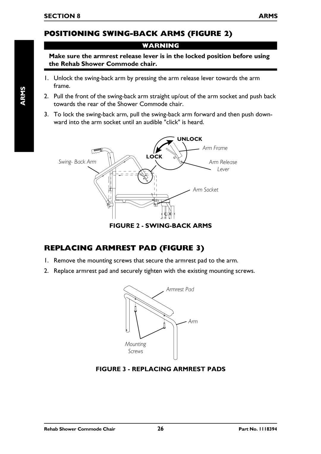 Invacare 6891, 6795, 6895 manual Positioning SWING-BACK Arms Figure, Replacing Armrest PAD Figure, Section Arms 