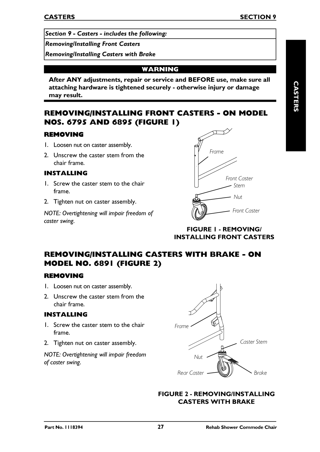 Invacare 6795, 6895, 6891 manual REMOVING/INSTALLING Casters with Brake on Model no Figure, Casters Section 