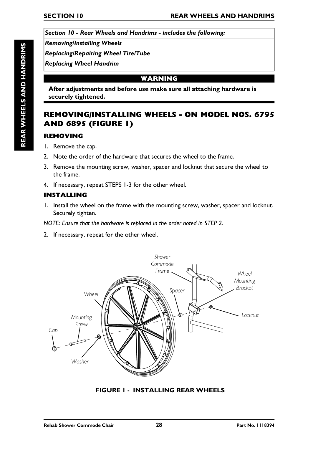 Invacare 6795, 6891 manual REMOVING/INSTALLING Wheels on Model NOS and 6895 Figure, Rear Wheels and Handrims 