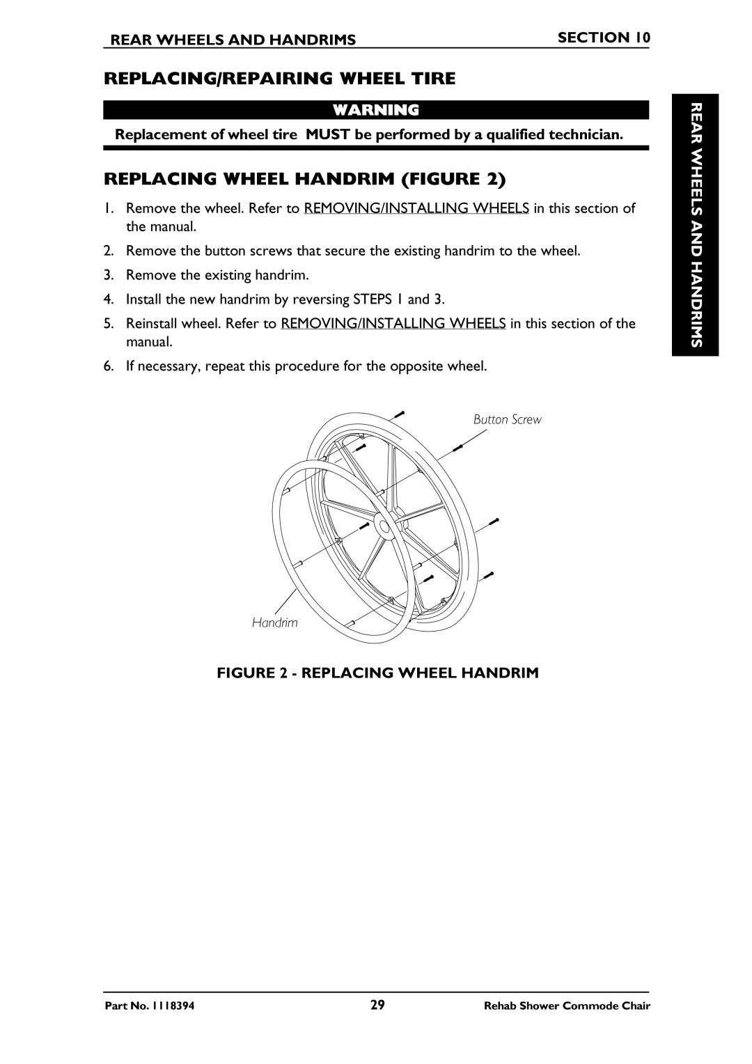 Invacare 6891, 6795, 6895 REPLACING/REPAIRING Wheel Tire, Replacing Wheel Handrim Figure, Rear Wheels and Handrims Section 