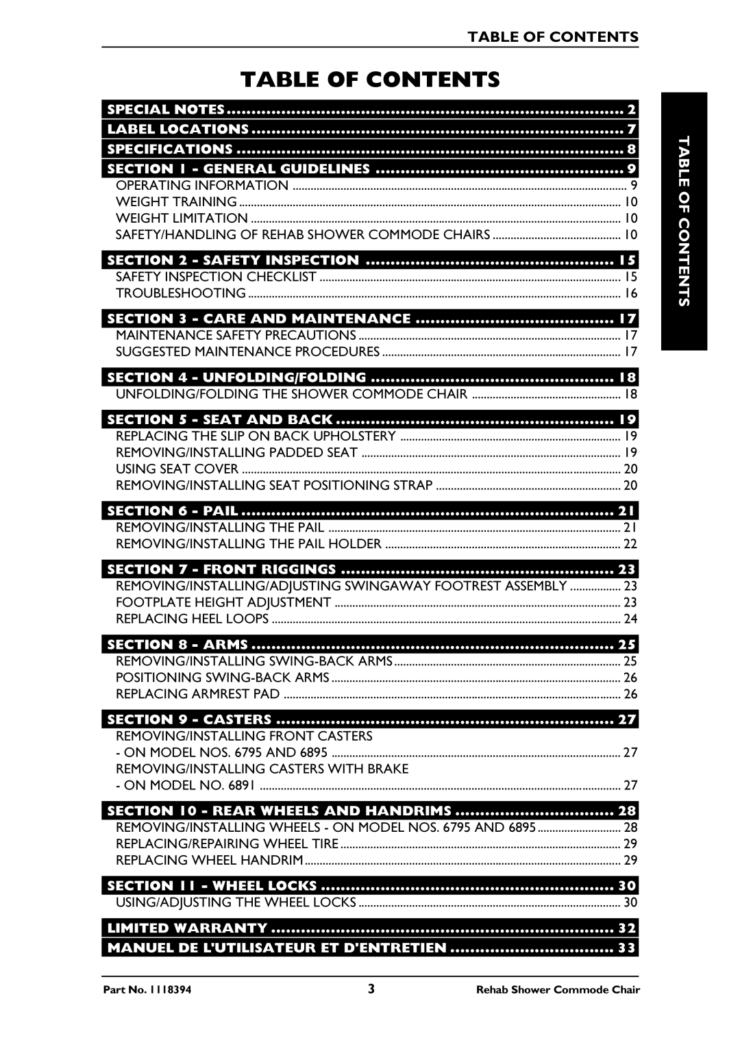 Invacare 6795, 6895, 6891 manual Table of Contents 