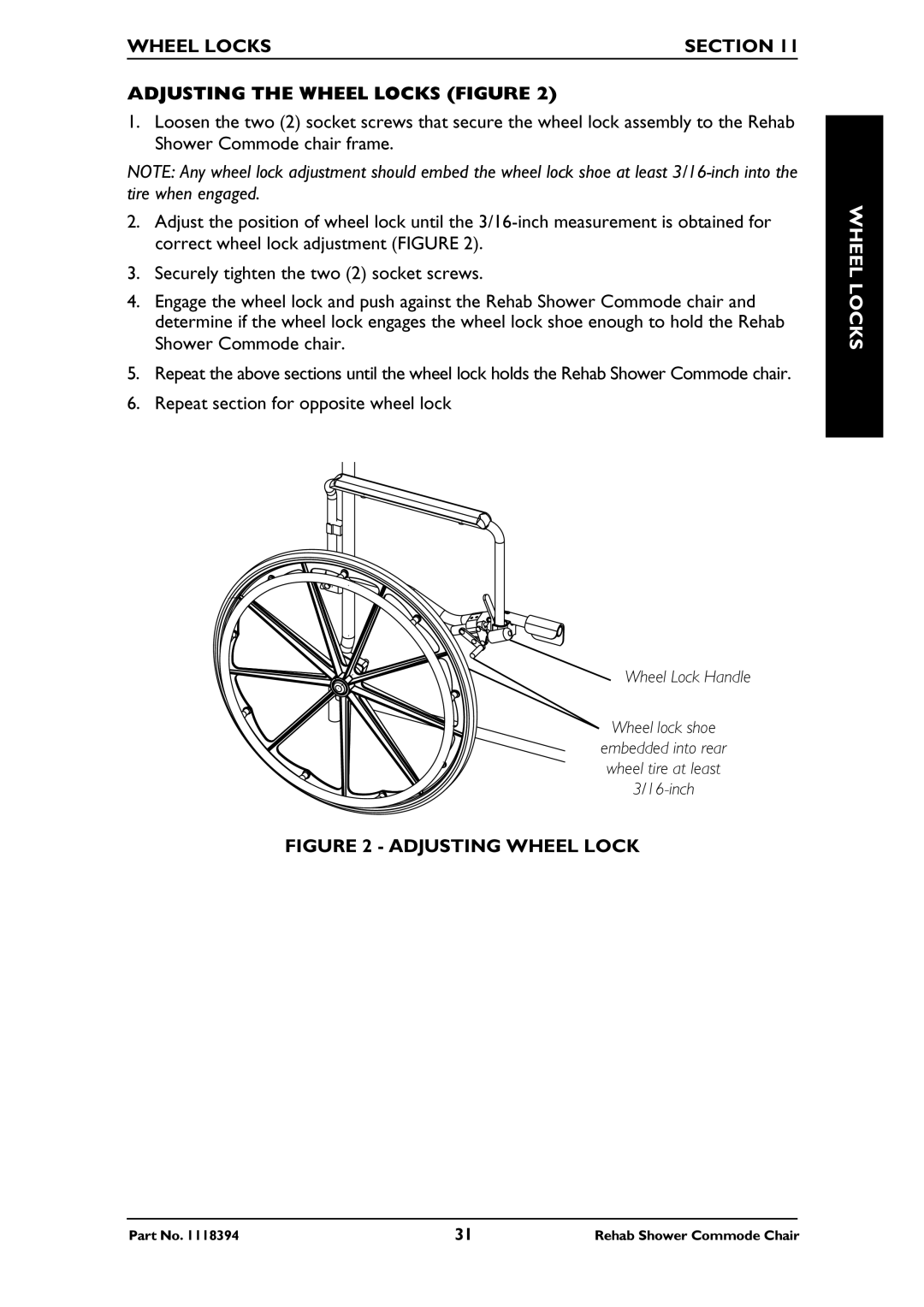 Invacare 6895, 6795, 6891 manual Wheel Locks Section Adjusting the Wheel Locks Figure, Adjusting Wheel Lock 