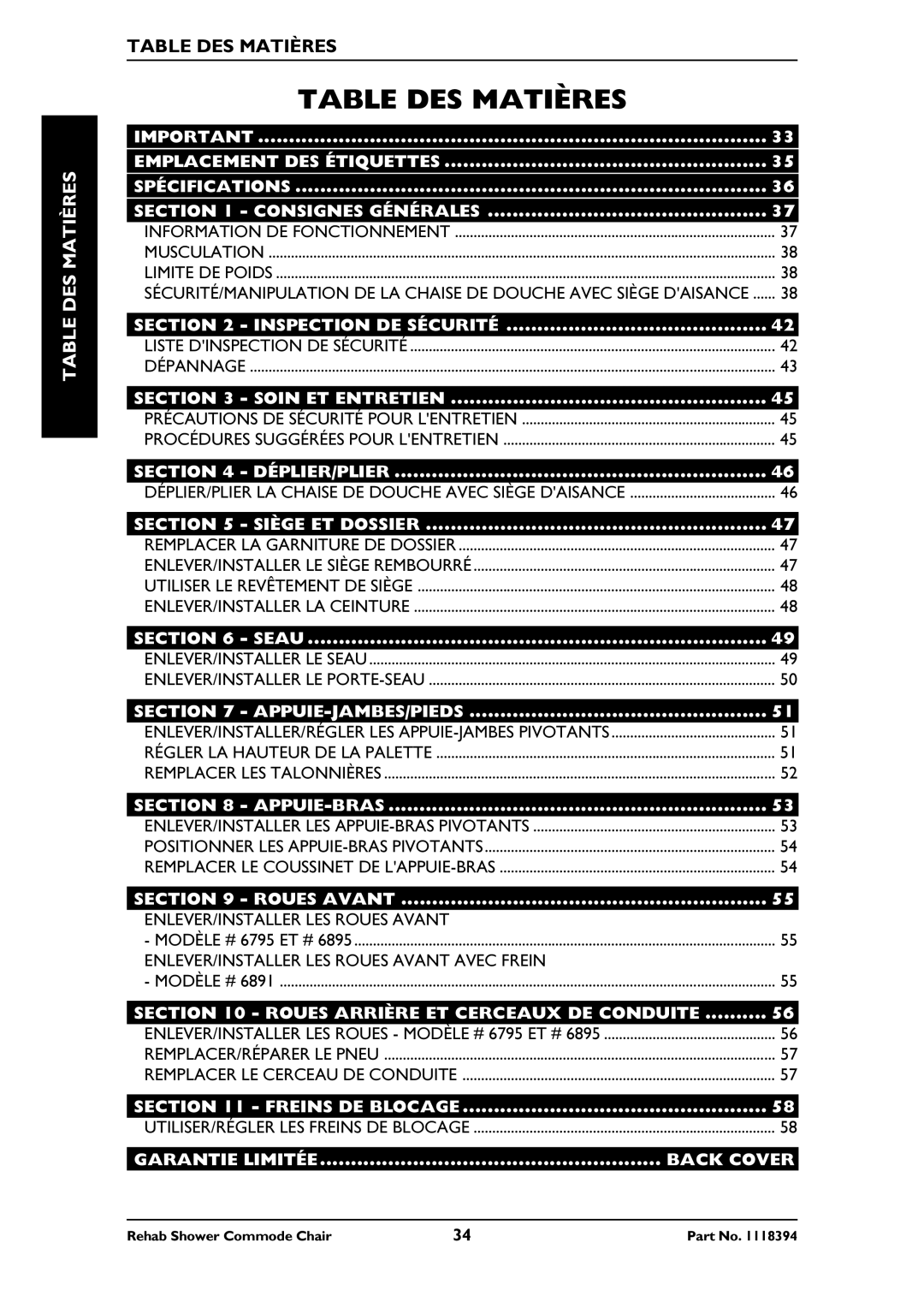 Invacare 6895, 6795, 6891 manual Table DES Matières 