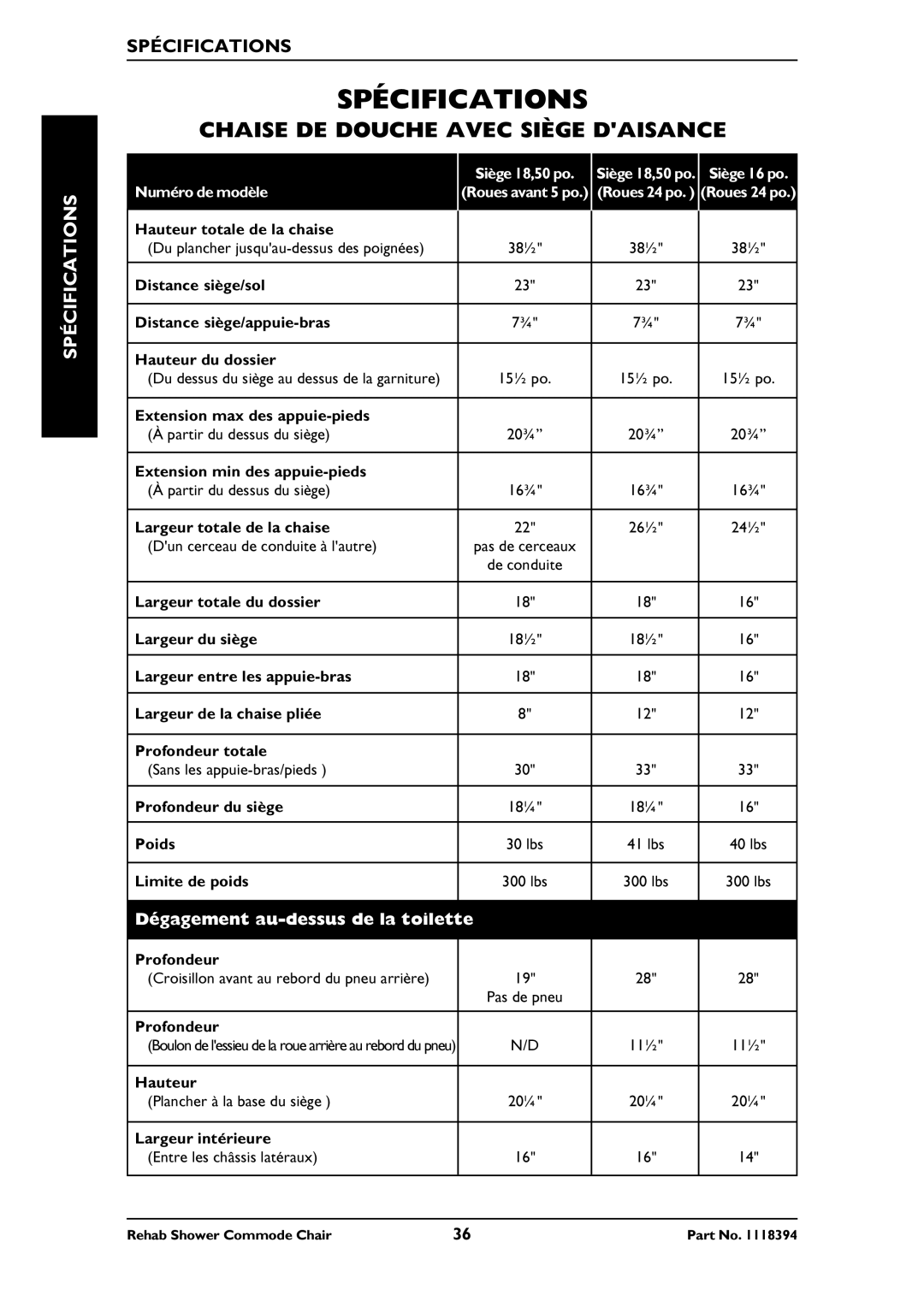 Invacare 6795, 6895, 6891 manual Spécifications, Chaise DE Douche Avec Siège Daisance 