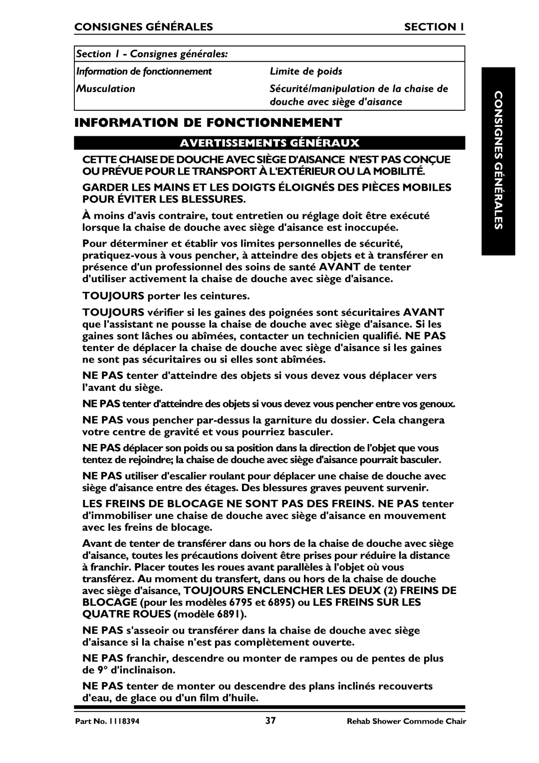 Invacare 6895, 6795, 6891 manual Information DE Fonctionnement, Consignes Générales Section, Avertissements Généraux 