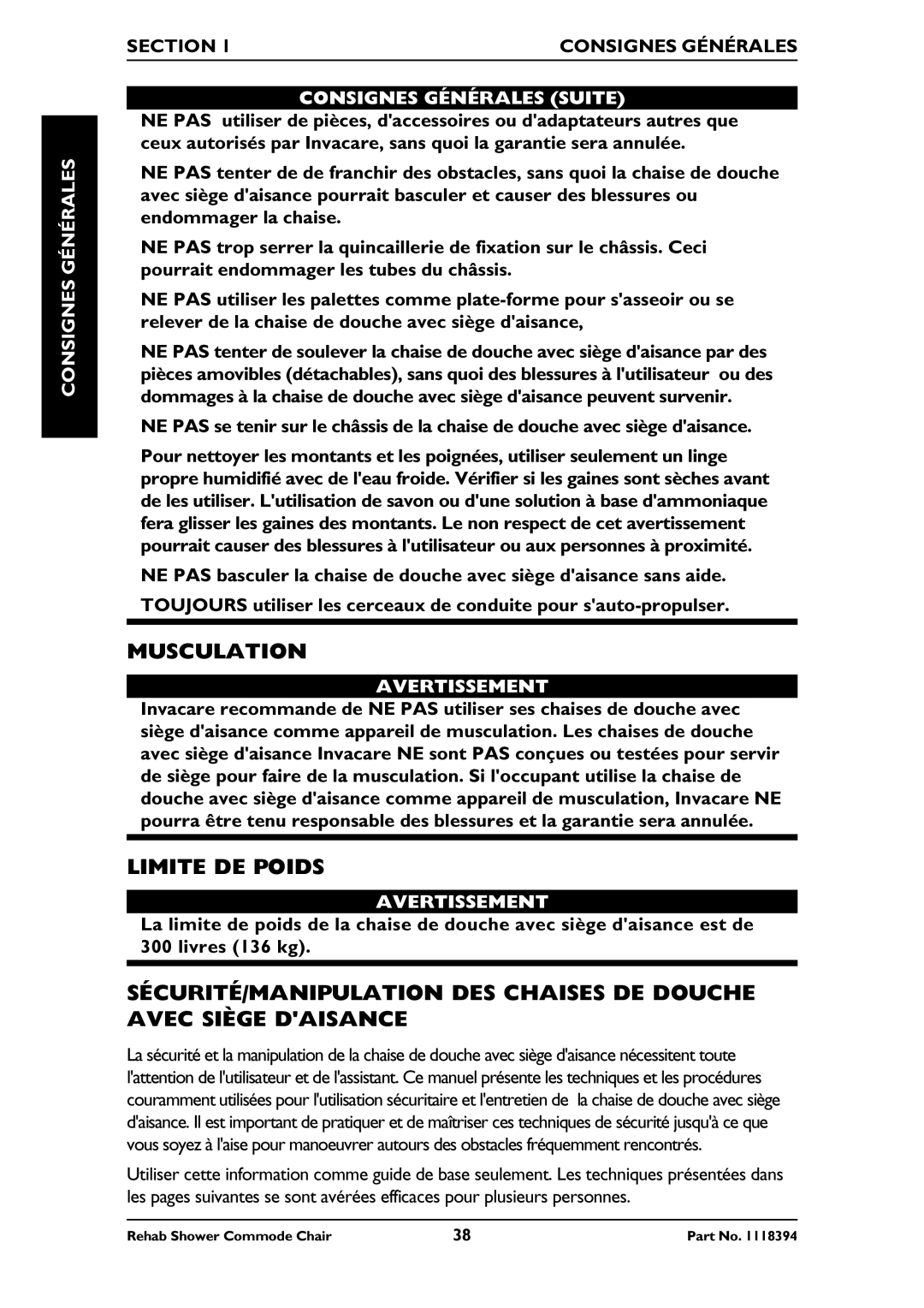 Invacare 6891, 6795 Musculation, Limite DE Poids, Section Consignes Générales, Consignes Générales Suite, Avertissement 