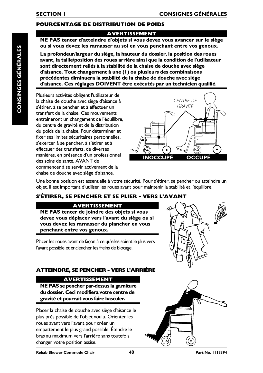 Invacare 6895, 6795, 6891 manual Générales, Inoccupé Occupé, SÉTIRER, SE Pencher ET SE Plier Vers Lavant Avertissement 