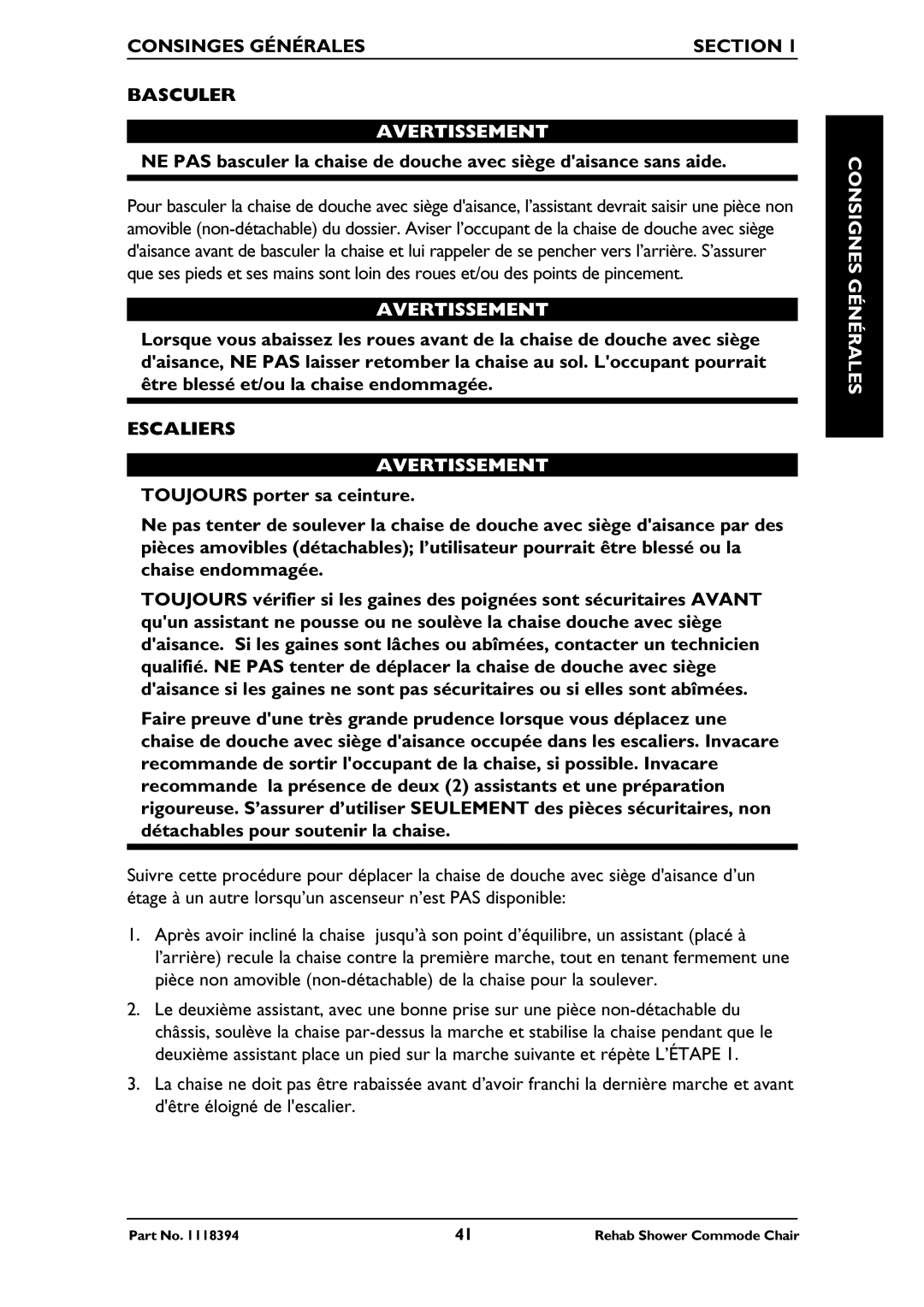 Invacare 6891, 6795, 6895 manual Consinges Générales Section Basculer, Escaliers 