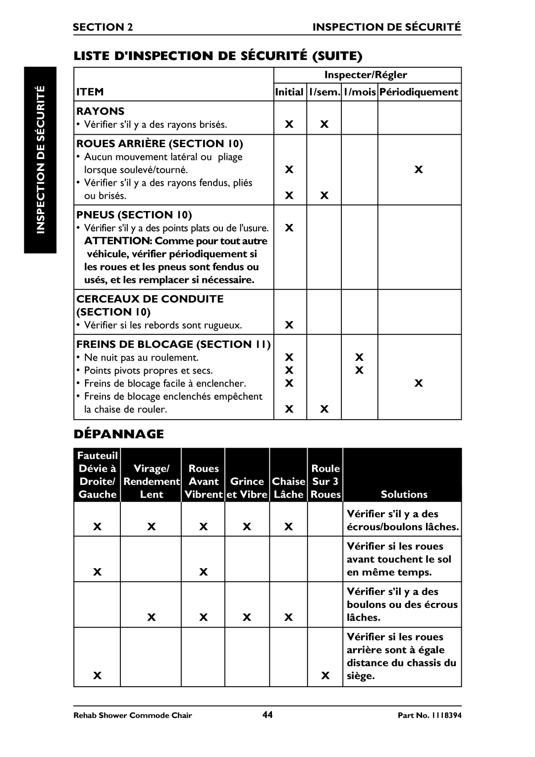 Invacare 6891, 6795, 6895 manual Liste Dinspection DE Sécurité Suite, Dépannage, Inspection Sécuritéde 