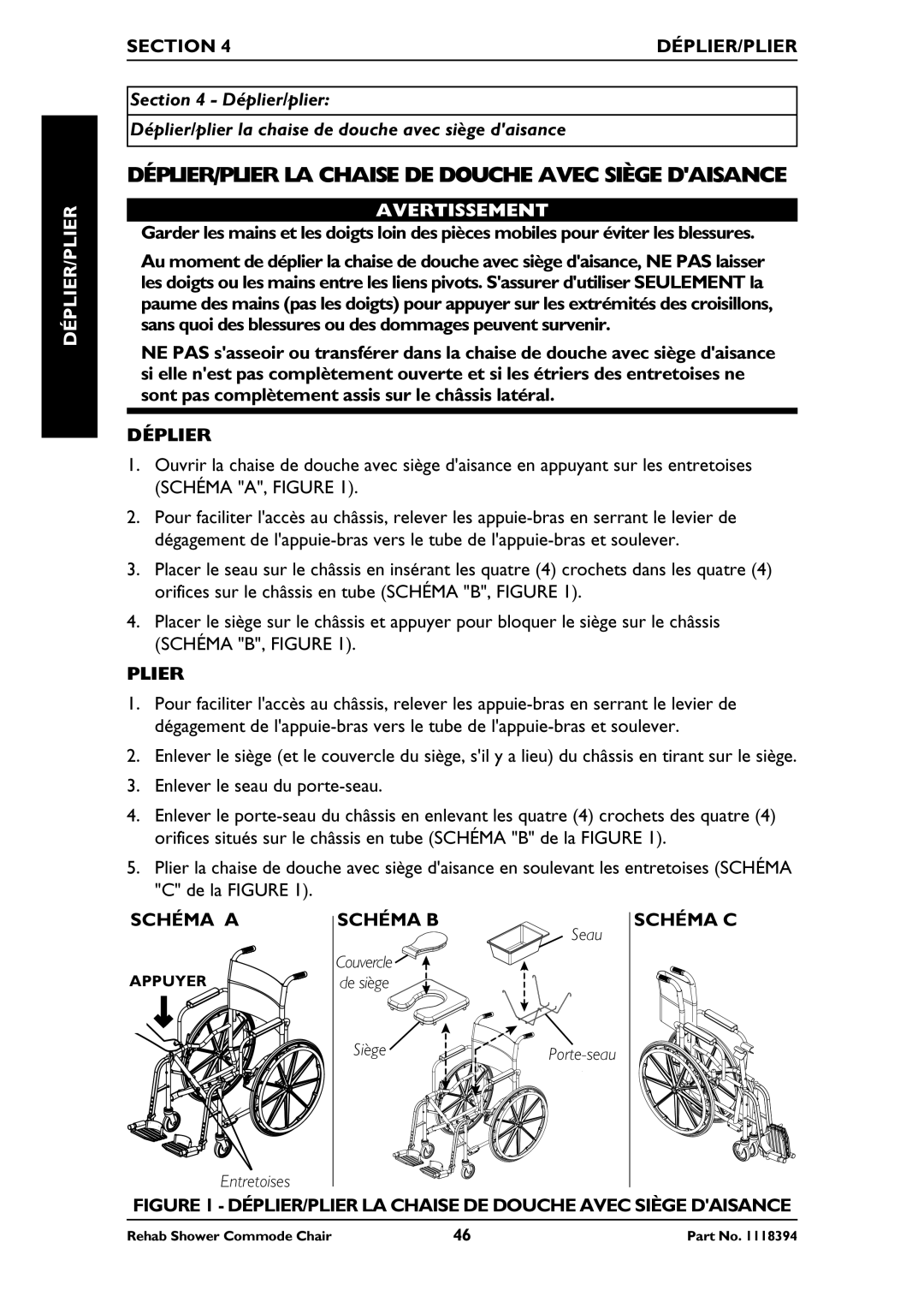 Invacare 6895, 6795, 6891 manual DÉPLIER/PLIER LA Chaise DE Douche Avec Siège Daisance, Déplier/Plier 