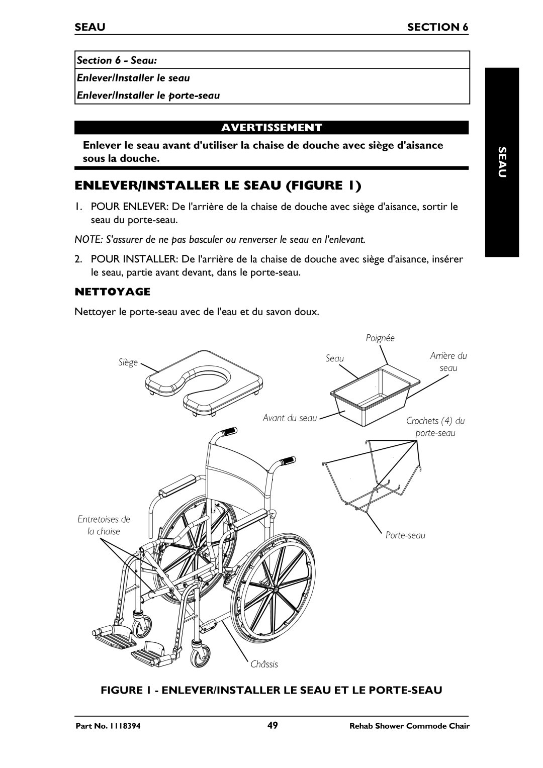 Invacare 6895, 6795, 6891 manual ENLEVER/INSTALLER LE Seau Figure, Seau Section 