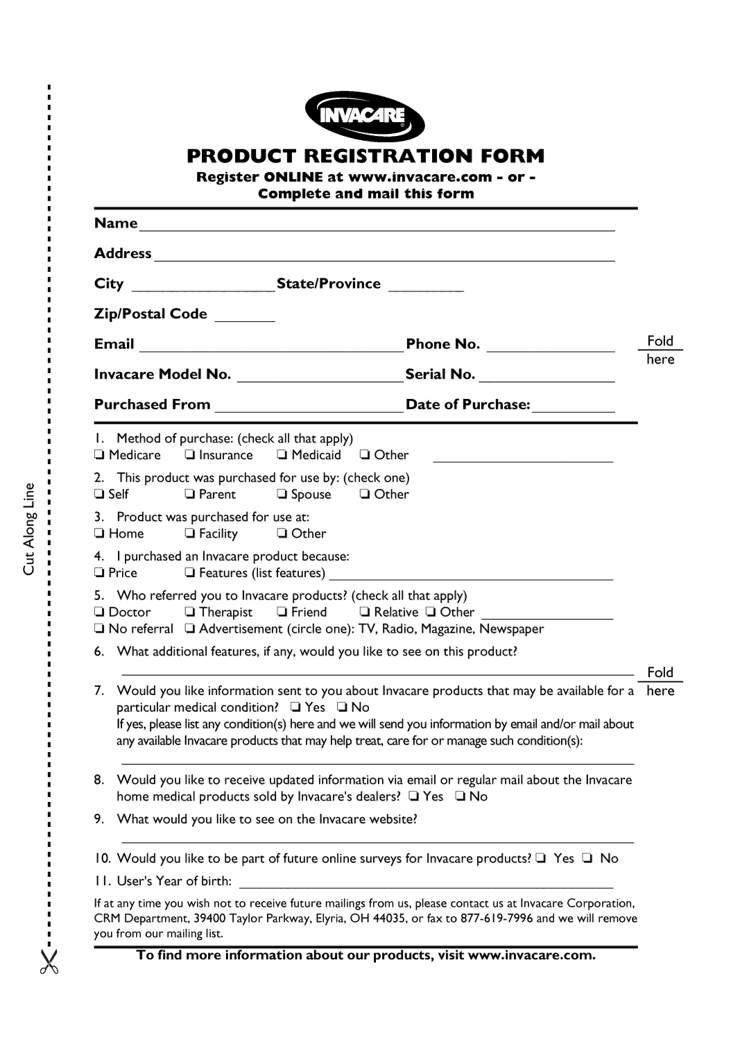 Invacare 6891, 6795, 6895 manual Product Registration Form 