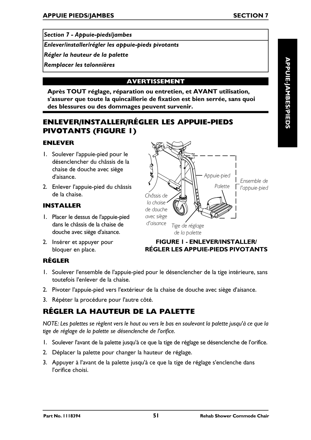 Invacare 6795, 6895, 6891 manual ENLEVER/INSTALLER/RÉGLER LES APPUIE-PIEDS Pivotants Figure, Régler LA Hauteur DE LA Palette 