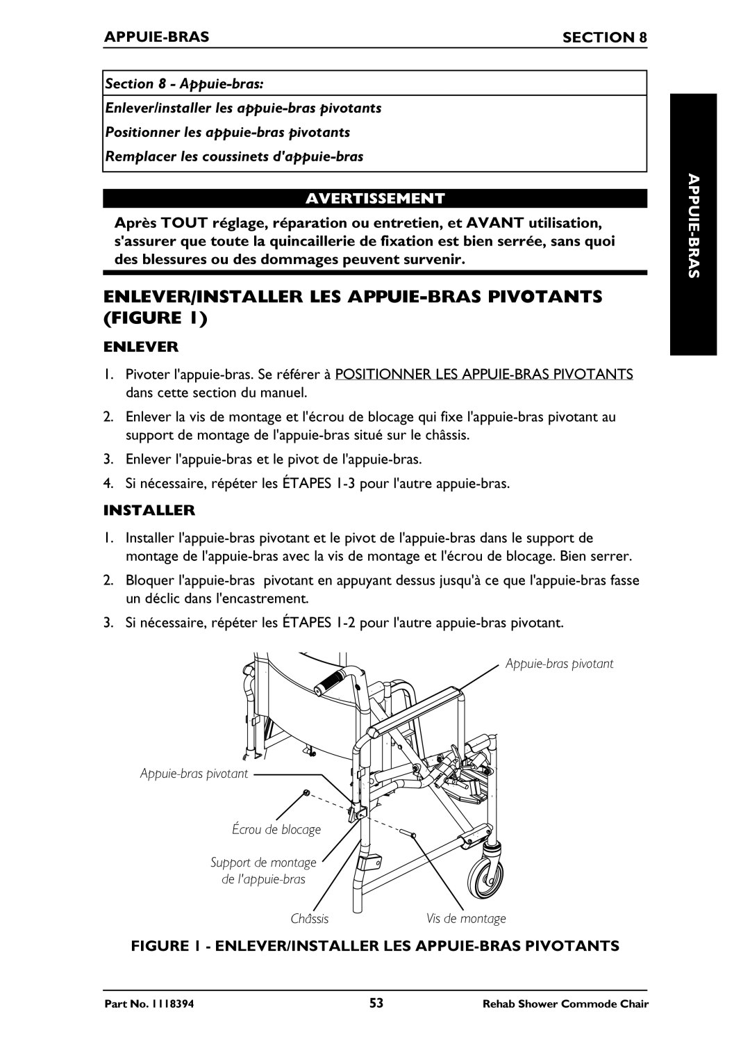 Invacare 6891, 6795, 6895 manual ENLEVER/INSTALLER LES APPUIE-BRAS Pivotants Figure, APPUIE-BRAS Section, Appuie-Bras 