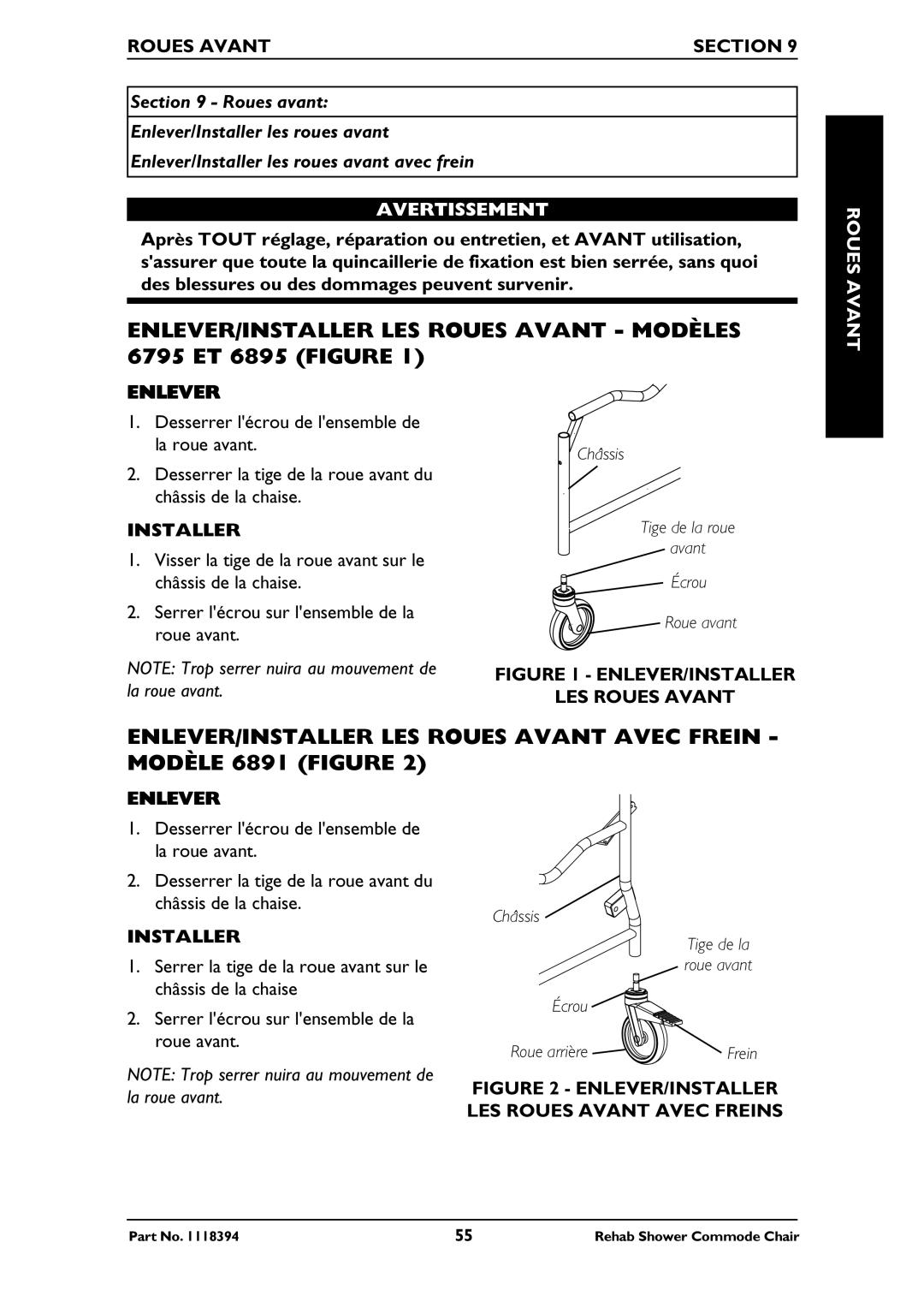 Invacare 6895, 6795, 6891 manual ENLEVER/INSTALLER LES Roues Avant 