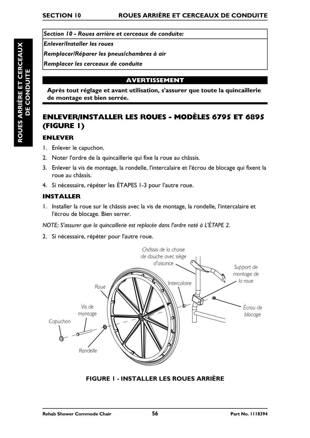 Invacare 6891 manual ENLEVER/INSTALLER LES Roues Modèles 6795 ET 6895 Figure, Arrière ET Cerceaux DE Conduite Roues 